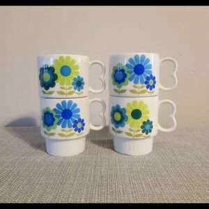Floral Patterned Stackable Mugs - Blue and Green